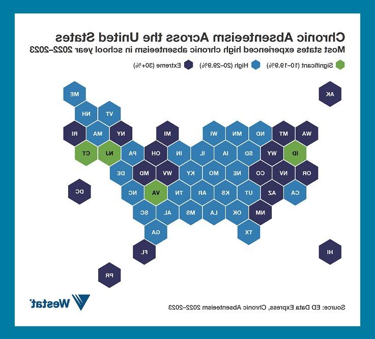 A map of the United States, showing the chronic absenteeism rates in each state. See the link below the image for a description of the map.